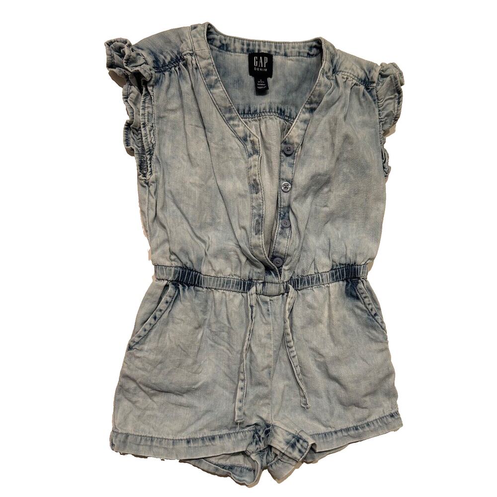Adorable Gap Baby Jean Denim blue ruffle sleeve Shorts Top Romper Girls Size 2T